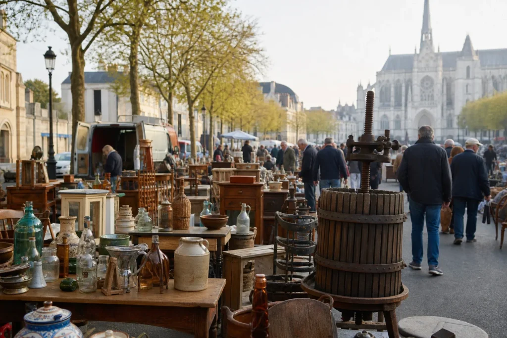 shoppers browsing antique and vintage market stalls at Orléans Flea Market in France