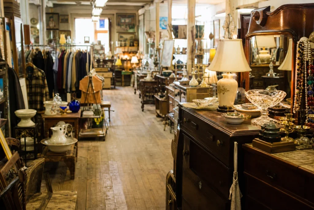 shoppers browsing antique and vintage market stalls at Orphan Annie’s Antique Store in Maine