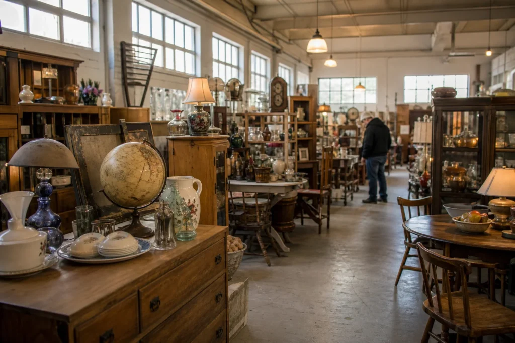 shoppers browsing antique and vintage market stalls at Ozark Antiques and Collectibles in Missouri