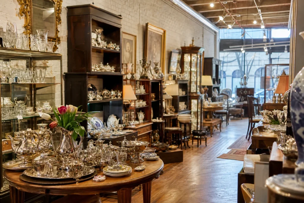 shoppers browsing antique and vintage market stalls at P.O.S.H Chicago in Chicago, Illinois