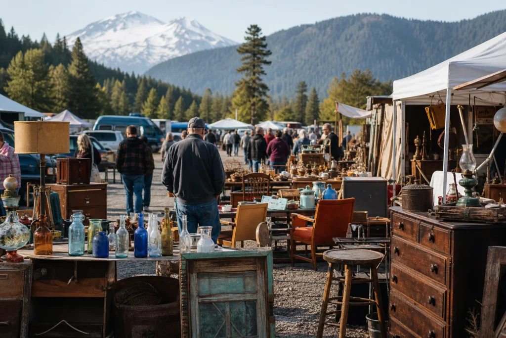 shoppers browsing antique and vintage market stalls at Packwood Flea Market in Washington