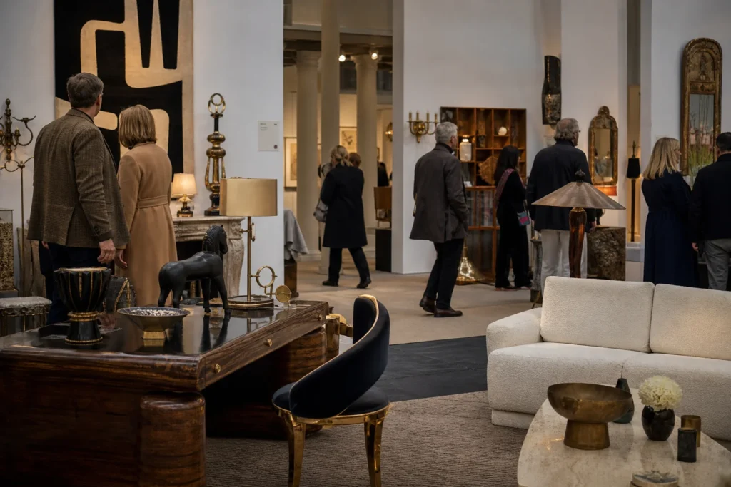 shoppers browsing antique and vintage market stalls at PAD Fairs in London