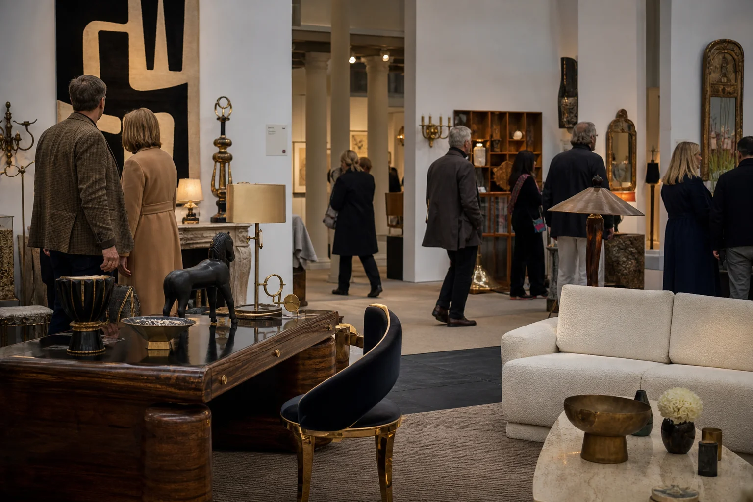 shoppers browsing antique and vintage market stalls at PAD Fairs in London