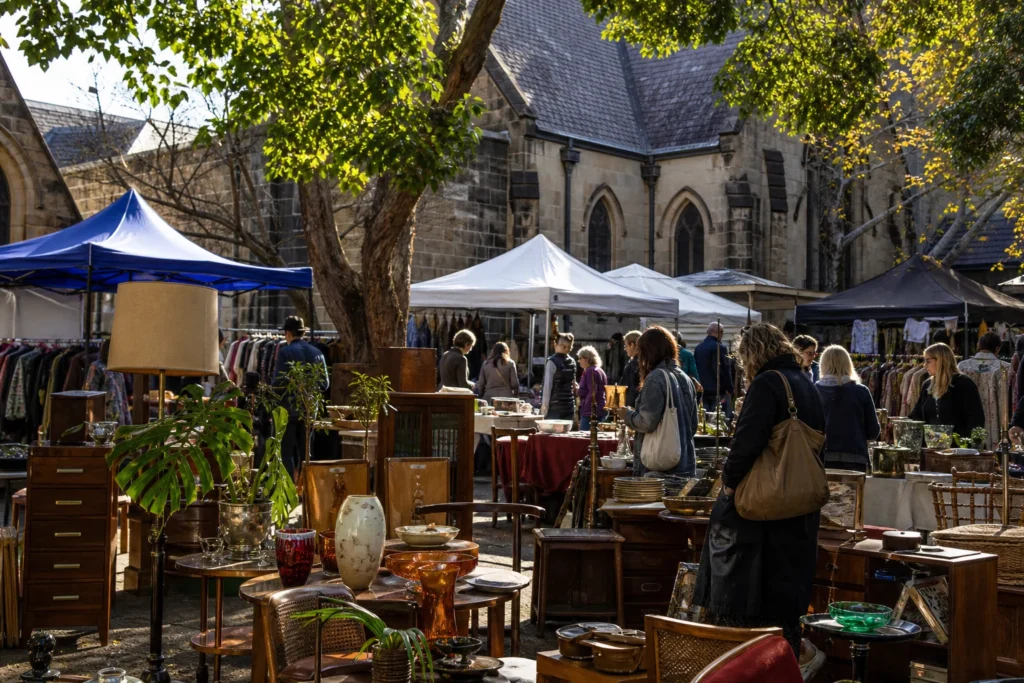 shoppers browsing antique and vintage market stalls at Paddington Market in New South Wales, Sydney