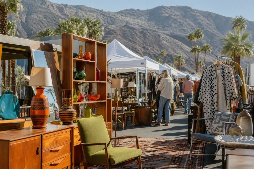 shoppers browsing antique and vintage market stalls at Palm Springs’ Antique District in California