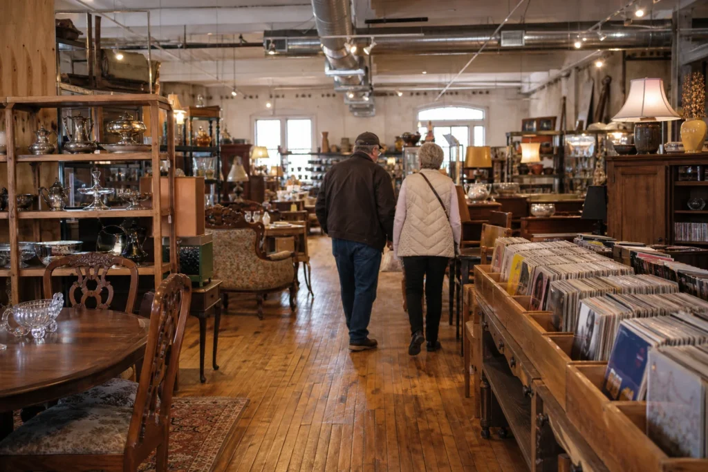shoppers browsing antique and vintage market stalls at Palmetto Peddlers in South Carolina