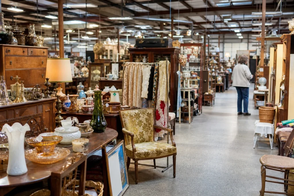 shoppers browsing antique and vintage market stalls at Paramount Antique Malls in Kansas
