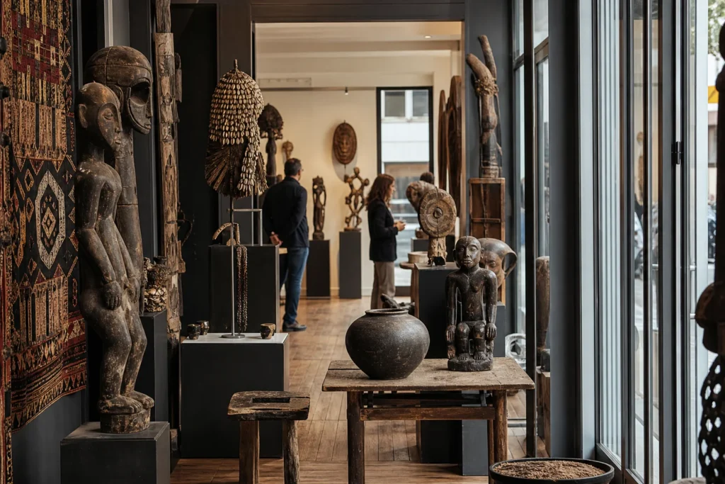 shoppers browsing antique and vintage market stalls at Parcours des Mondes in Paris