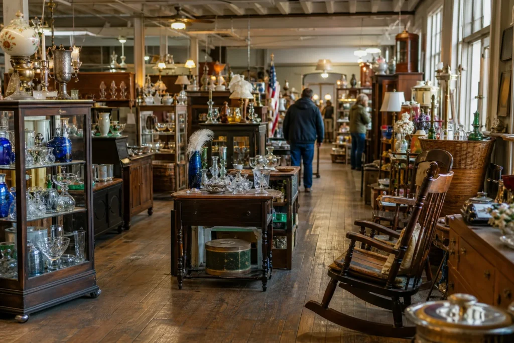 shoppers browsing antique and vintage market stalls at Parkville Antique Mall in Missouri