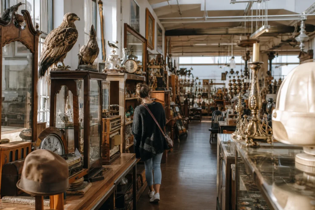 shoppers browsing antique and vintage market stalls at Pasadena Antique Mall in California, Los Angeles