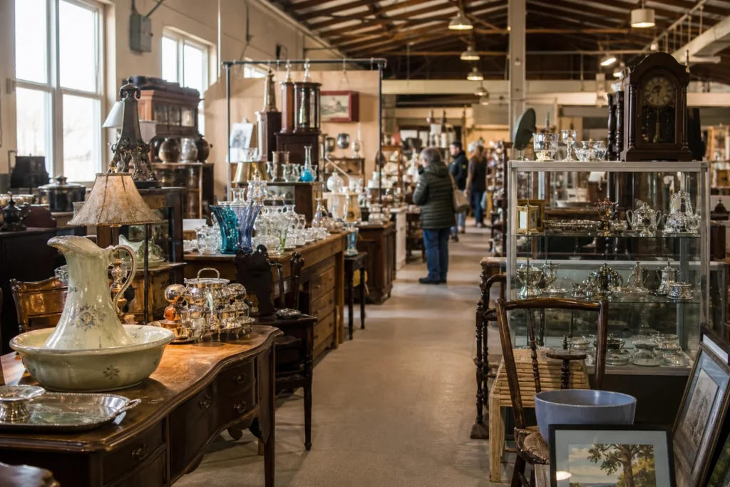 shoppers browsing antique and vintage market stalls at PAST Antiques Marketplace and Gateway Museum in Connecticut