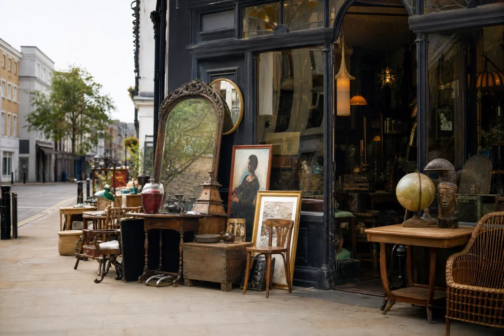 shoppers browsing antique and vintage market stalls at Paul’s Emporium in London