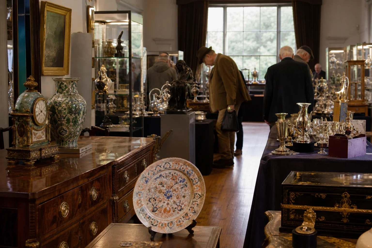shoppers browsing antique and vintage market stalls at Pavilions of Harrogate Antiques and Fine Art Fair in United Kingdom