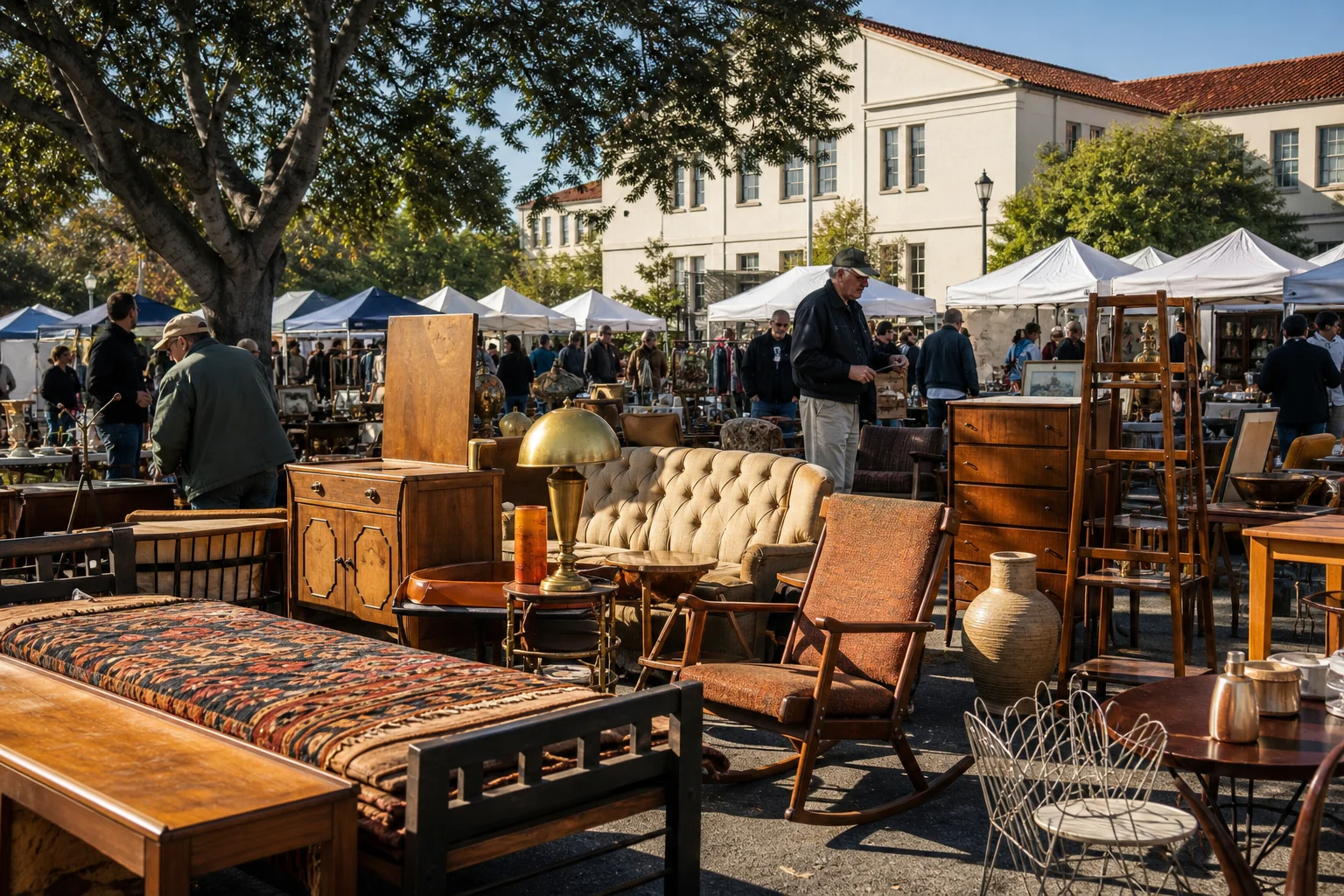 shoppers browsing antique and vintage market stalls at PCC Flea Market in California, Los Angeles, USA