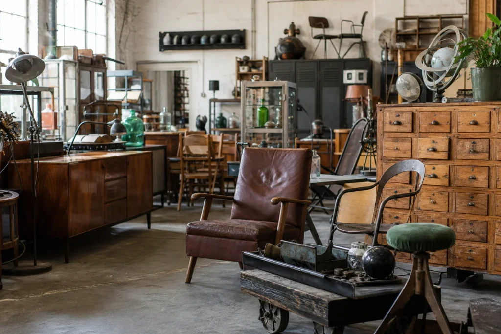shoppers browsing antique and vintage market stalls at Pelmel Design in Czech Republic