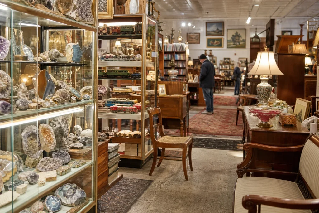 shoppers browsing antique and vintage market stalls at Pennsbury-Chadds Ford Antique Mall in Pennsylvania
