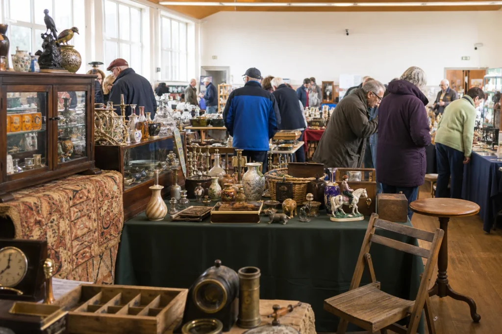 shoppers browsing antique and vintage market stalls at Pensilva Antiques Fair in United Kingdom