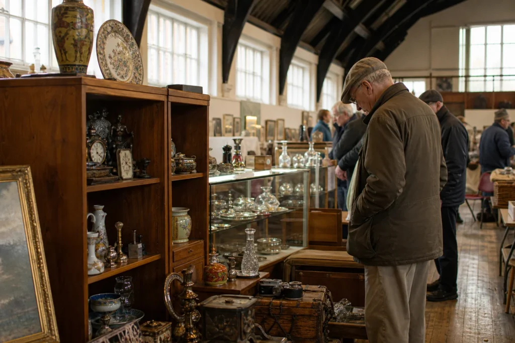 shoppers browsing antique and vintage market stalls at Petersfield Antiques Fair in United Kingdom
