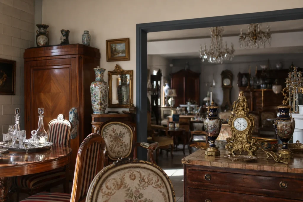 shoppers browsing antique and vintage market stalls at Petra Antiques in Germany