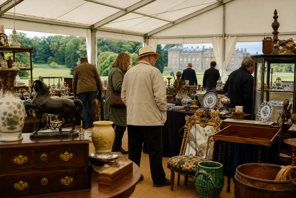 shoppers browsing antique and vintage market stalls at Petworth Park Antiques & Fine Art Fair in United Kingdom