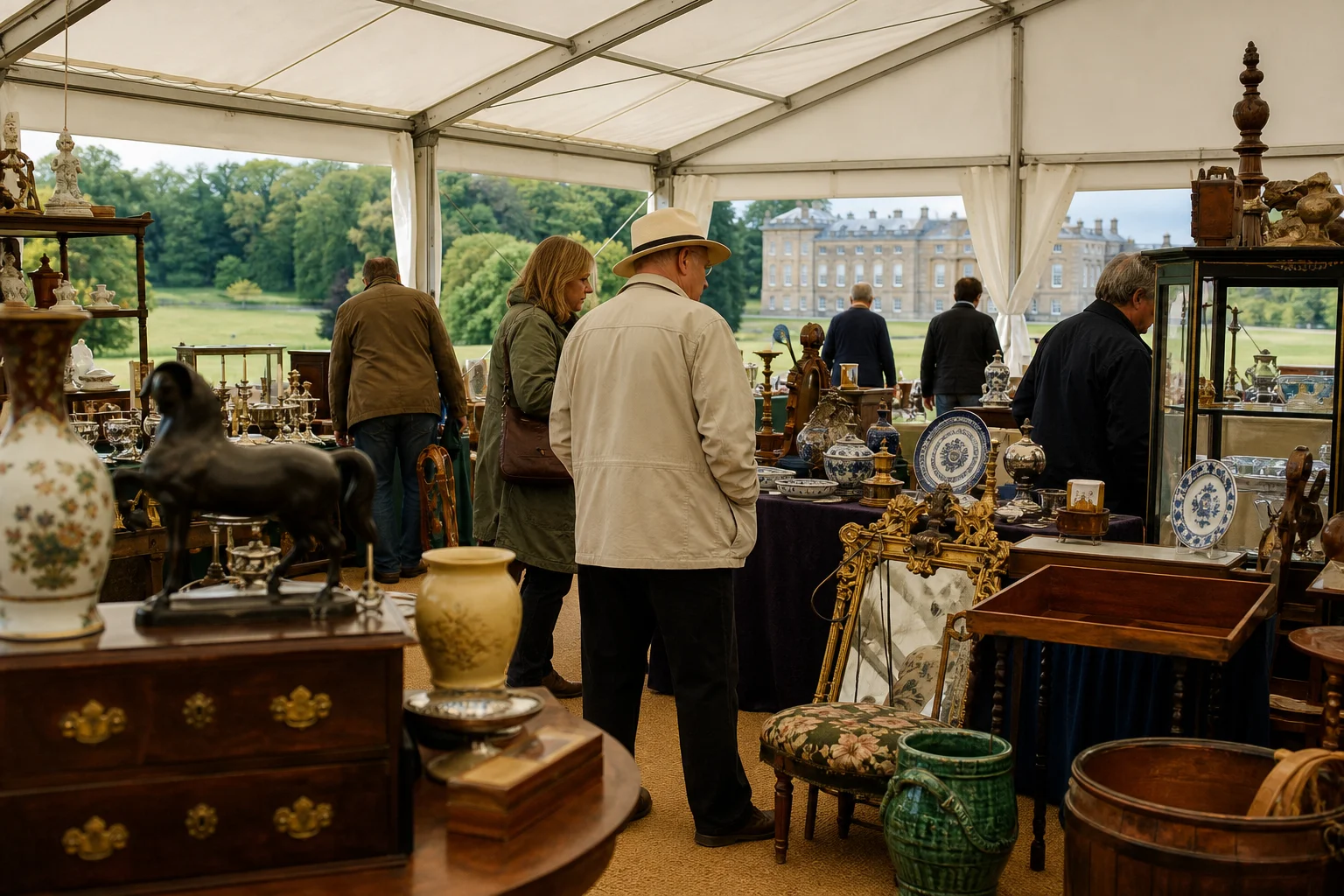 shoppers browsing antique and vintage market stalls at Petworth Park Antiques & Fine Art Fair in United Kingdom