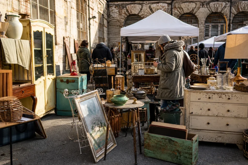 shoppers browsing antique and vintage market stalls at Phila Flea Markets in Pennsylvania