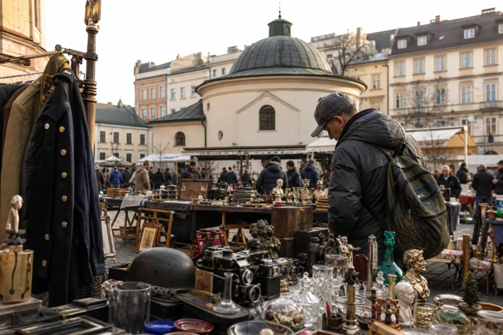 shoppers browsing antique and vintage market stalls at Plac Nowy in Poland