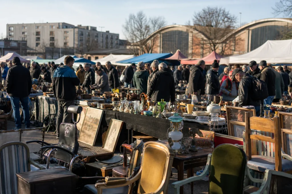 shoppers browsing antique and vintage market stalls at Plac Targowy Unitard in Poland
