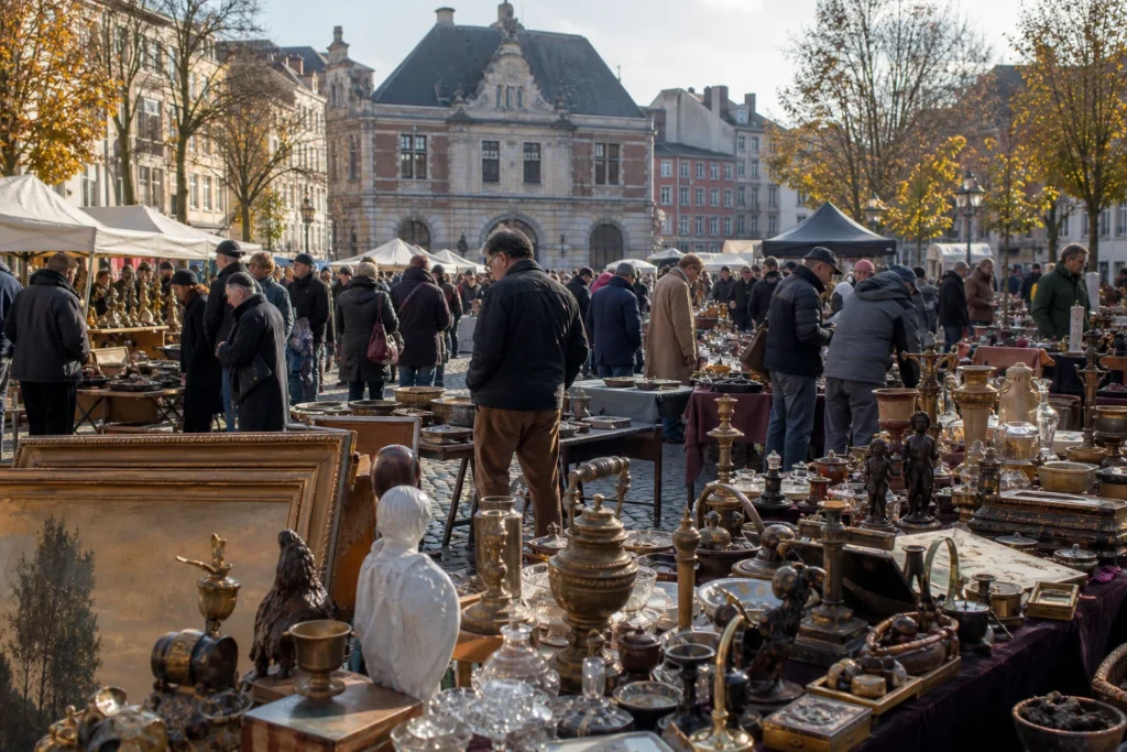 shoppers browsing antique and vintage market stalls at Place du Jeu de Balle in Belgium