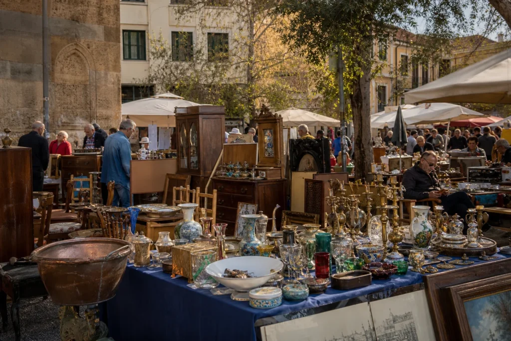 shoppers browsing antique and vintage market stalls at Platia Avissinias Square Market in Greece