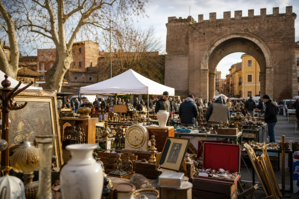 shoppers browsing antique and vintage market stalls at Porta Portese in Italy, Rome