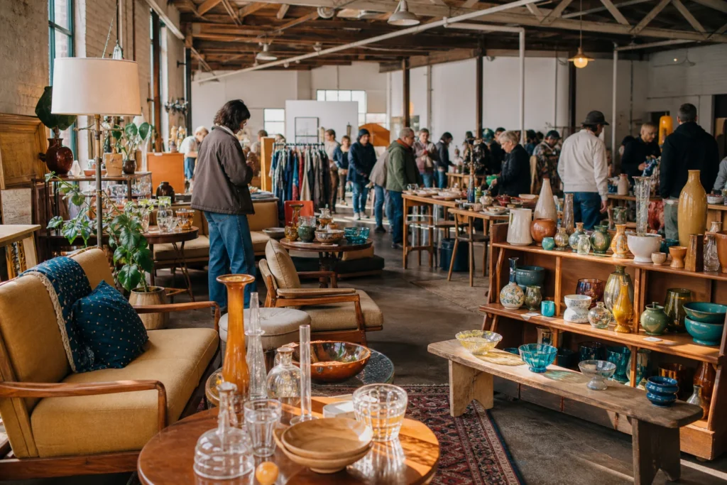 shoppers browsing antique and vintage market stalls at Portland Flea in Oregon