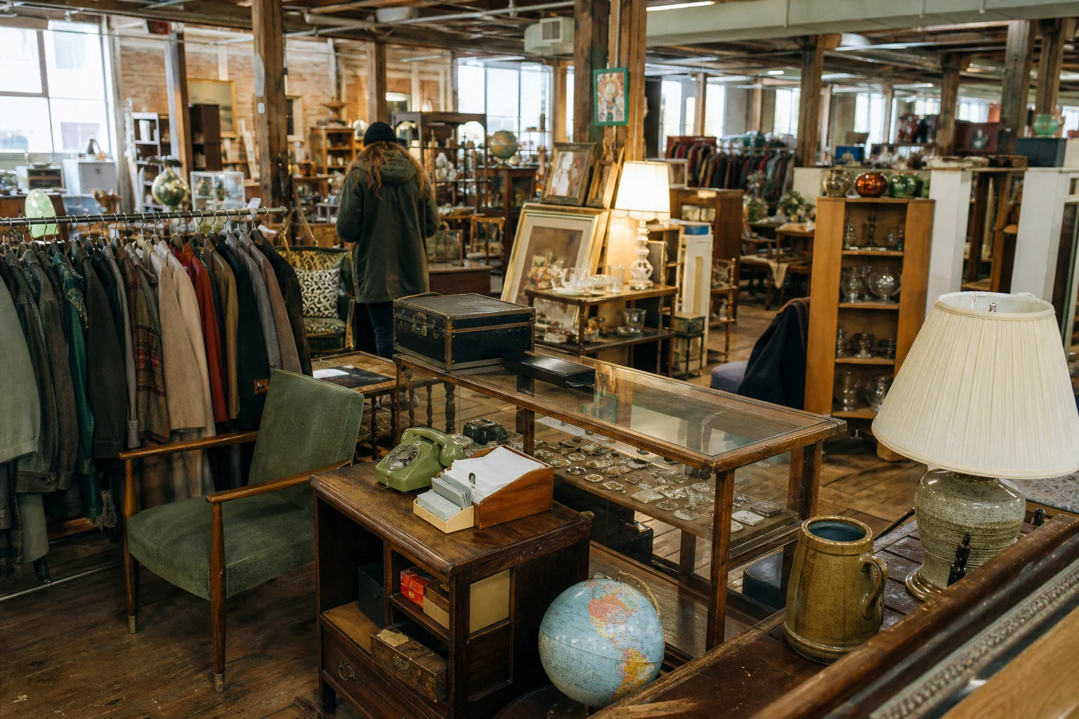 shoppers browsing antique and vintage market stalls at Portland Flea-For-All in Maine