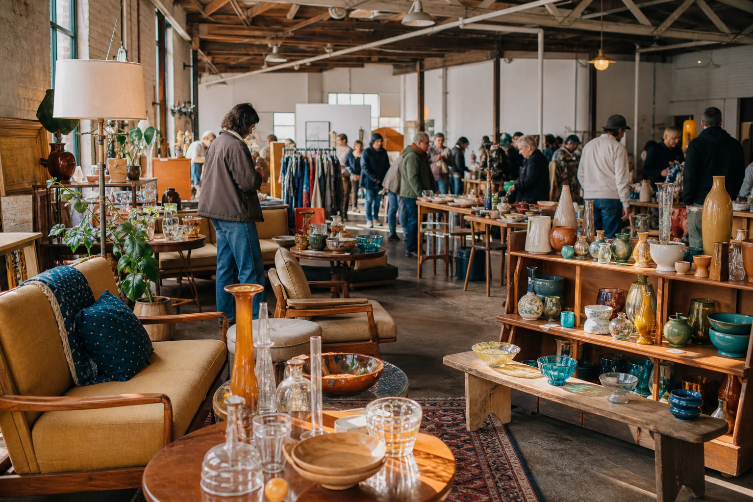 shoppers browsing antique and vintage market stalls at Portland Flea in Oregon