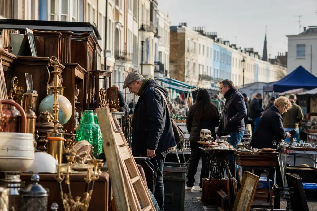 shoppers browsing antique and vintage market stalls at Portobello Road and Golborne Road market in London