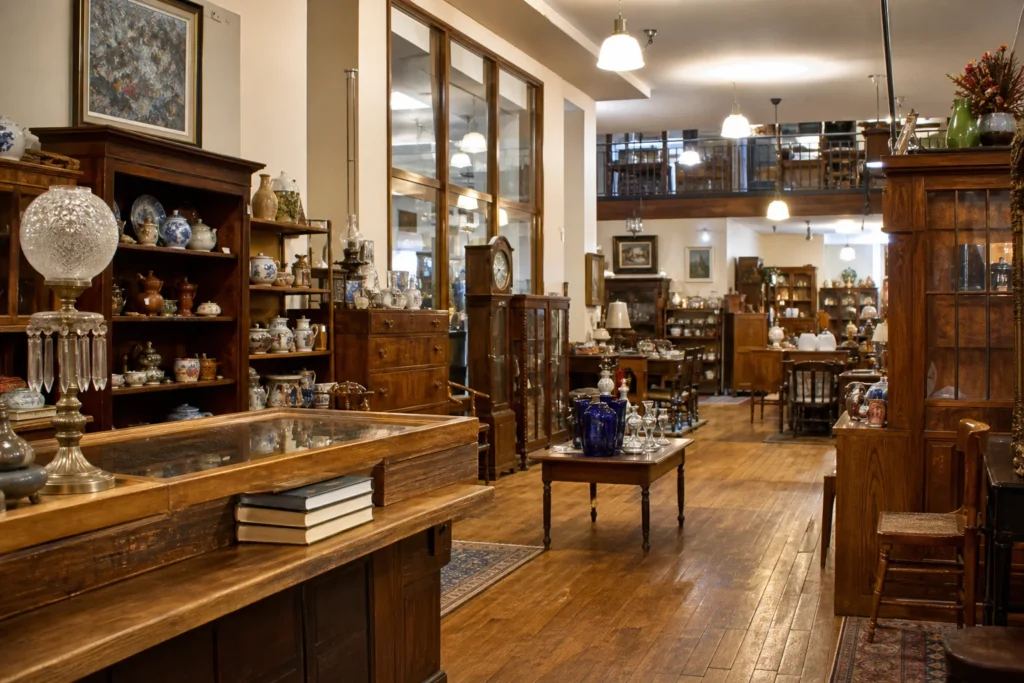 shoppers browsing antique and vintage market stalls at Post Office Antique Mall in British Columbia
