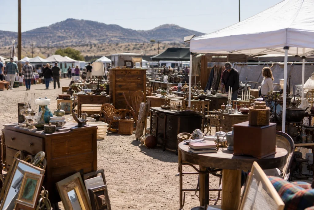 shoppers browsing antique and vintage market stalls at Prescott Antique Show and Vintage Market in Arizona