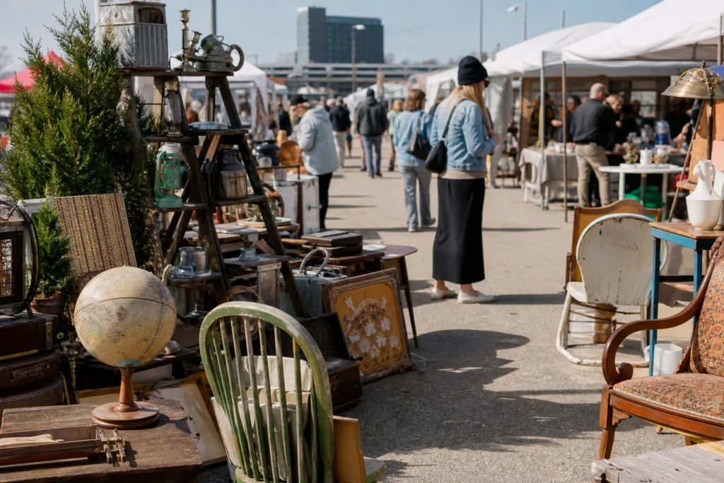 shoppers browsing antique and vintage market stalls at Providence Flea Outdoor Market in Rhode Island
