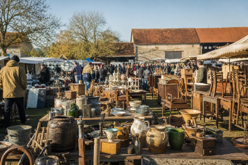 shoppers browsing antique and vintage market stalls at Puces de la Grange Rouge in France