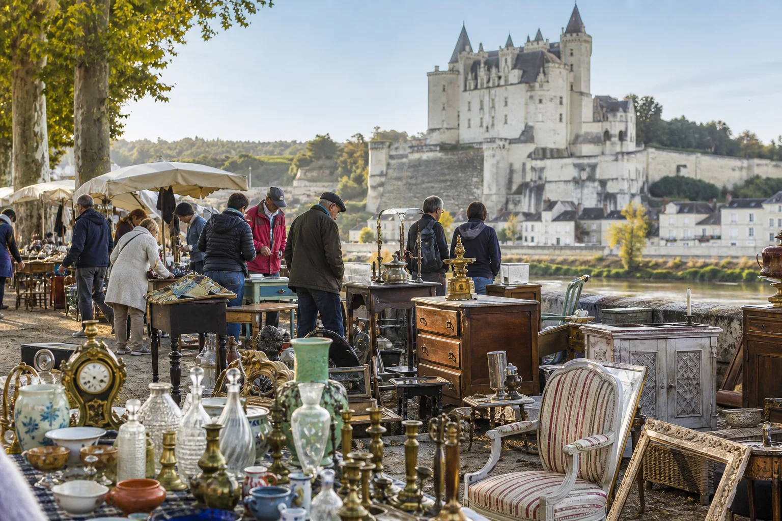 shoppers browsing antique and vintage market stalls at Puces de Montsoreau in France