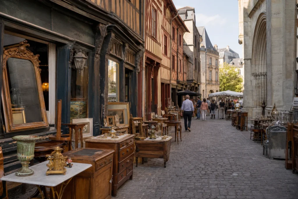 shoppers browsing antique and vintage market stalls at Quartier des Antiquaires de Rouen in France