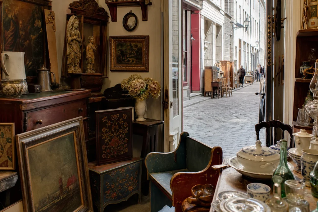 shoppers browsing antique and vintage market stalls at Quebec City’s Antique District in Canada, Quebec