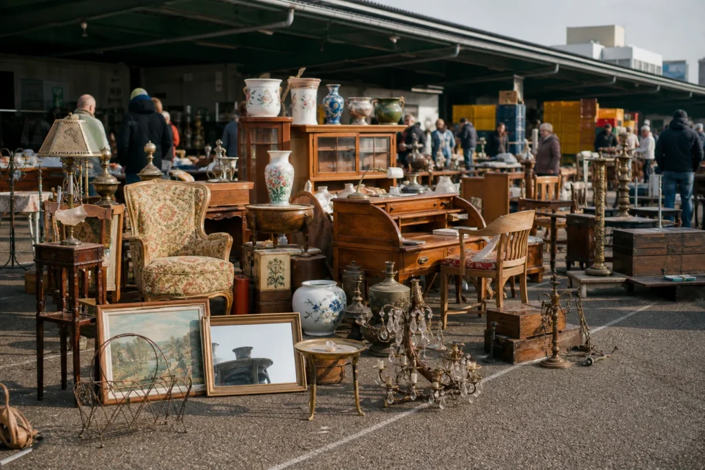 shoppers browsing antique and vintage market stalls at Radschlägermarkt Düsseldorf in Germany