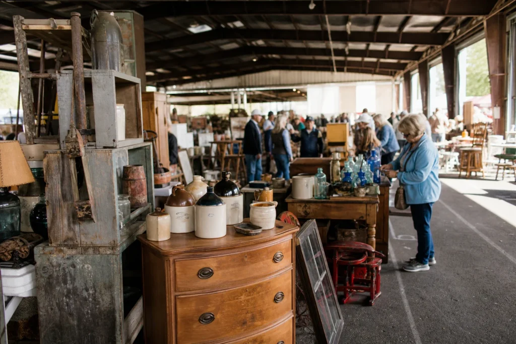 shoppers browsing antique and vintage market stalls at Raleigh Flea Market in North Carolina