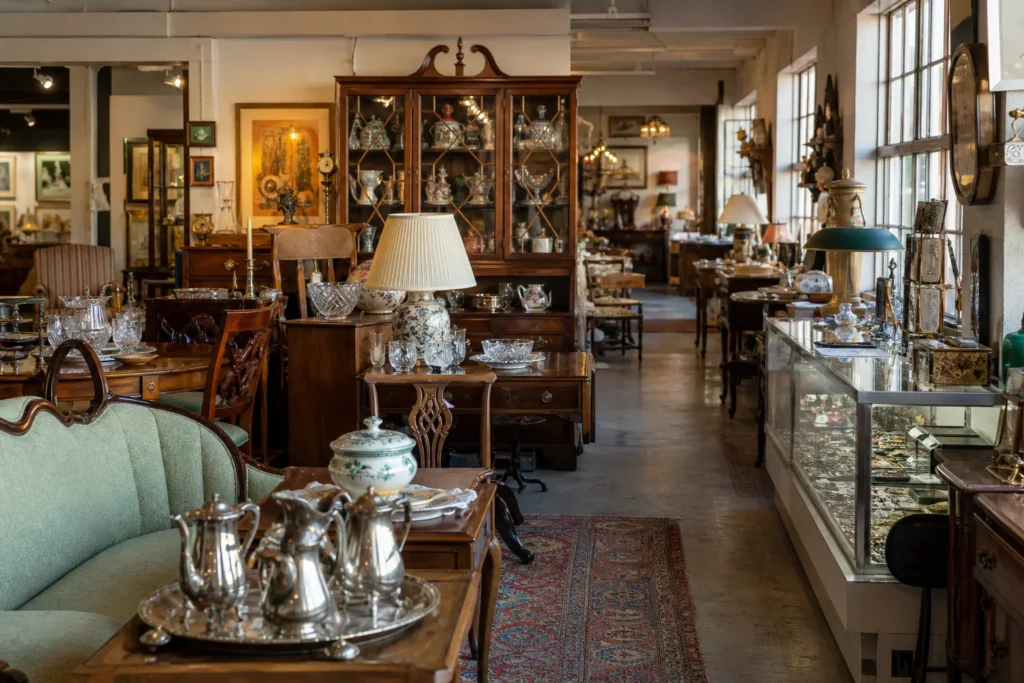shoppers browsing antique and vintage market stalls at Ramble Market in Massachusetts
