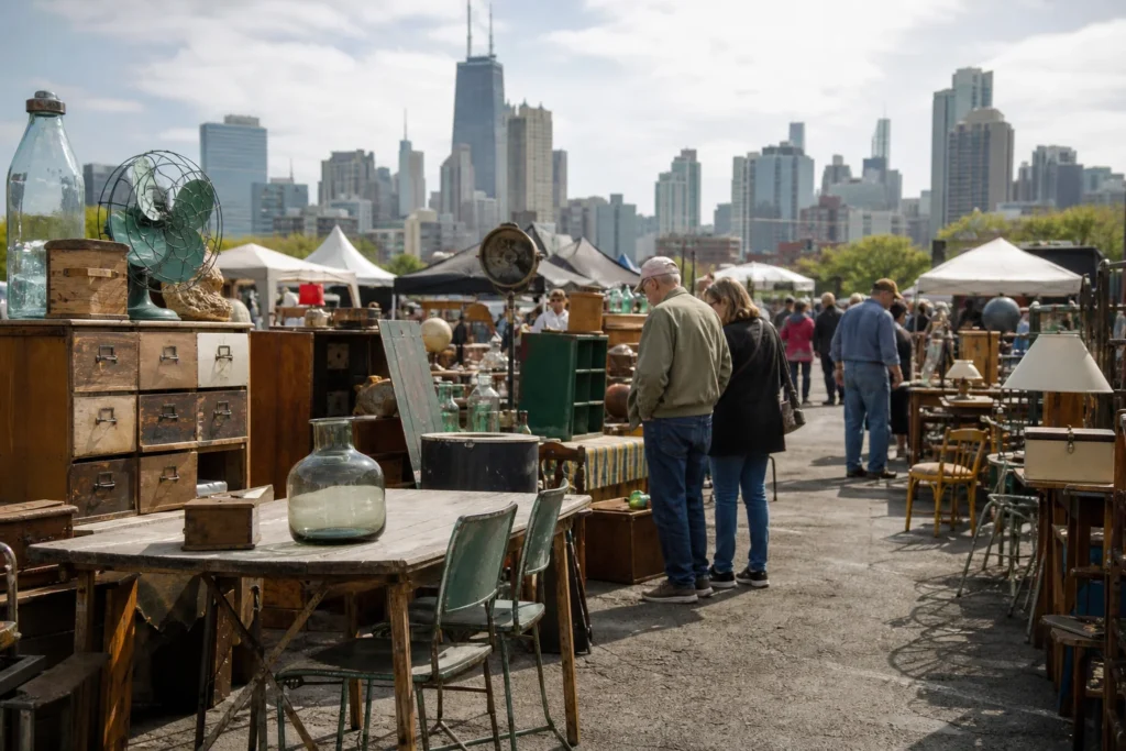 shoppers browsing antique and vintage market stalls at Randolph Street Market in Chicago, Illinois