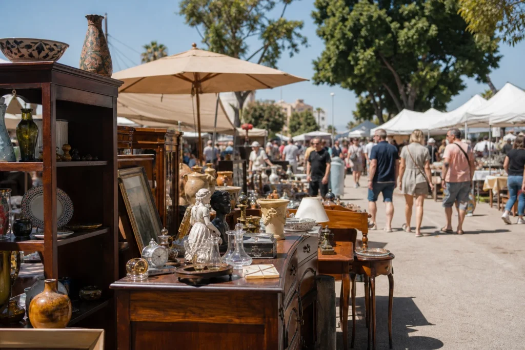shoppers browsing antique and vintage market stalls at Rastro de Fuengirola in Spain