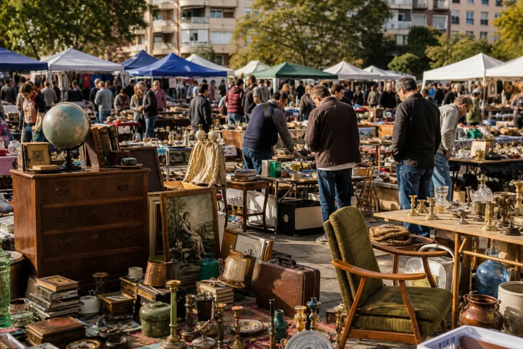 shoppers browsing antique and vintage market stalls at Rastro de Valencia in Spain