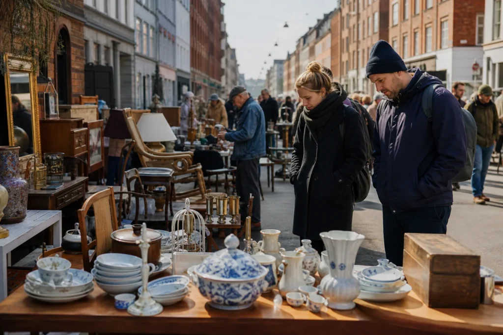 shoppers browsing antique and vintage market stalls at Ravnsborggades Loppemarked in Copenhagen