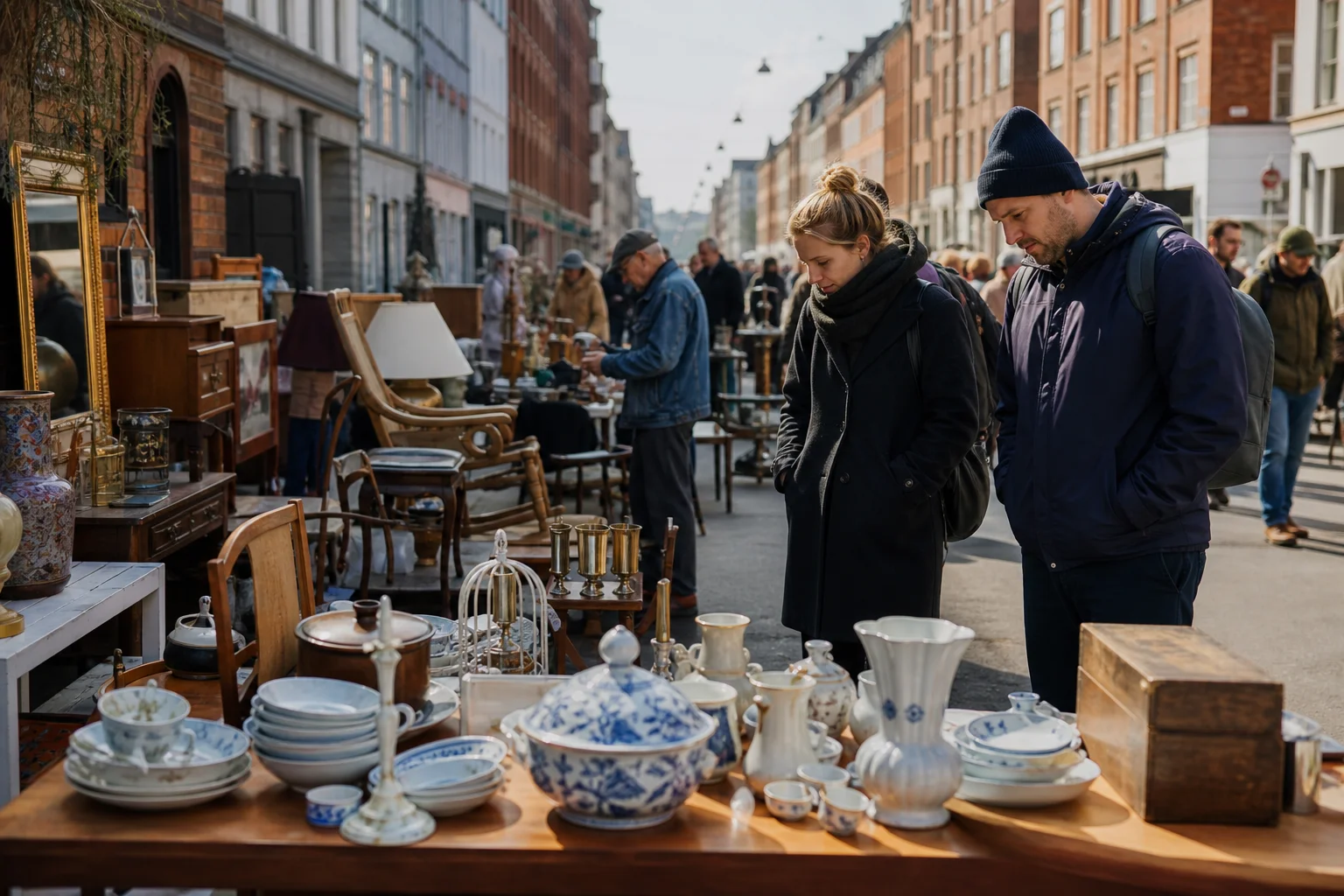 shoppers browsing antique and vintage market stalls at Ravnsborggades Loppemarked in Copenhagen